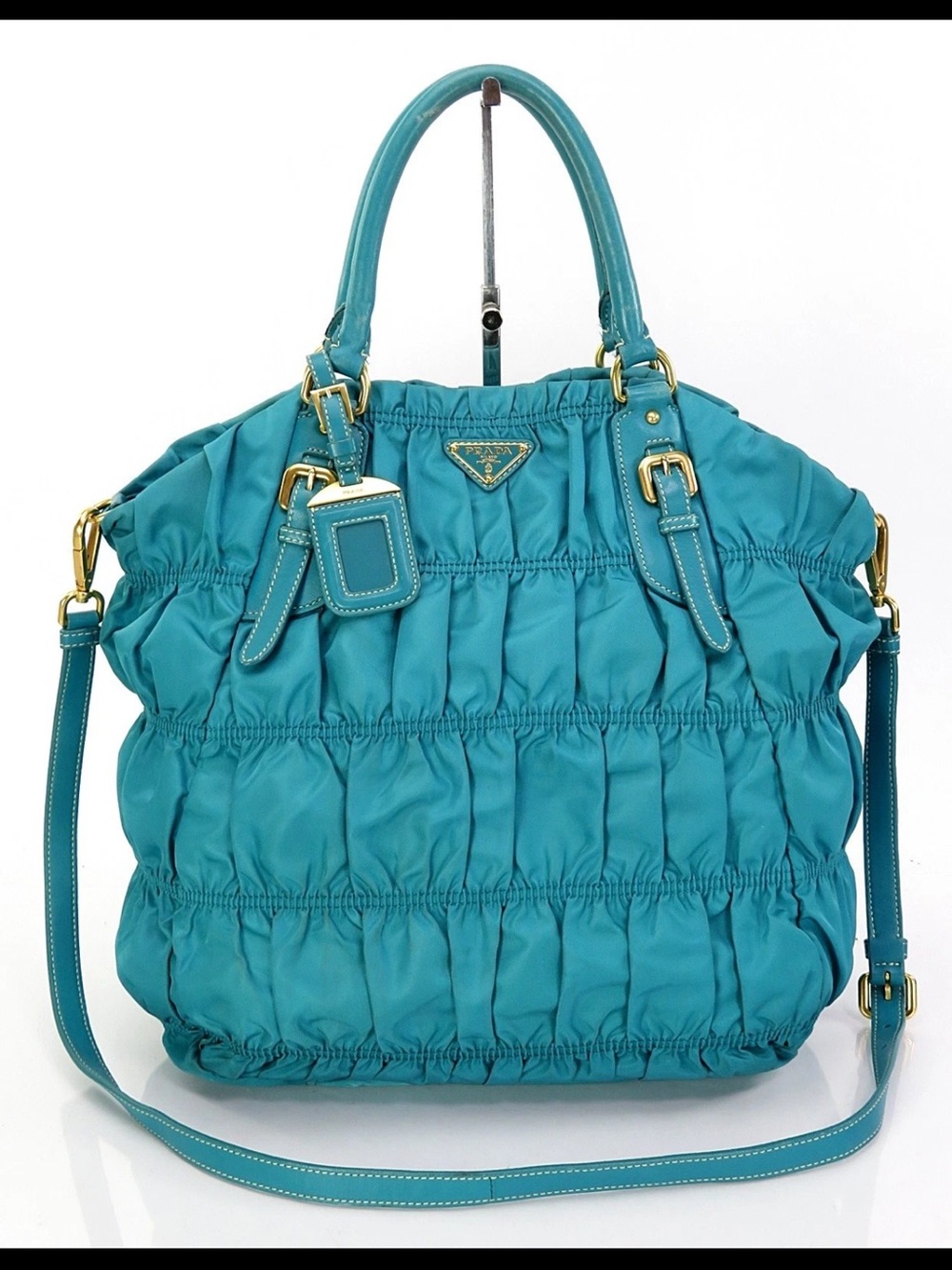 Prada Teal Ruched Shoulder Bag with Gold Hardware
